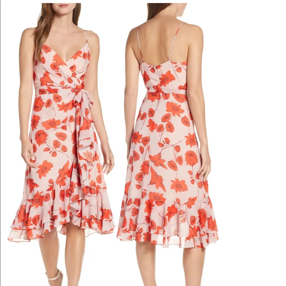 Floral Print Faux Wrap Chiffon Dress
